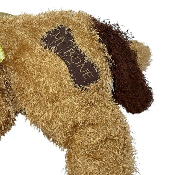 WALMART Brown Puppy Dog Vintage 20" Plush My Bone Shaggy Wiry Green Gingham Bow - Picture 7 of 8